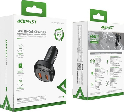 Полнач за автомобил Acefast B9, 66W, 2x USB A 1x USB C, црн