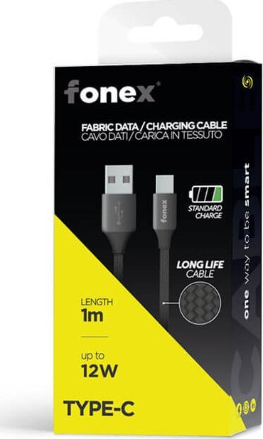 Kabllo karikimi Fonex USB Type C, 12W, 1m, tekstil, e zezë