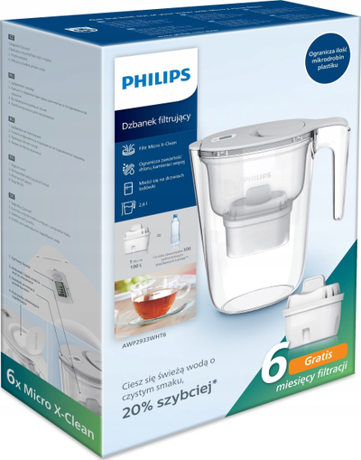 Karakafkë uji me filtër Philips AWP2933WHT, 6x Micro X-FilterClean, e bardhë