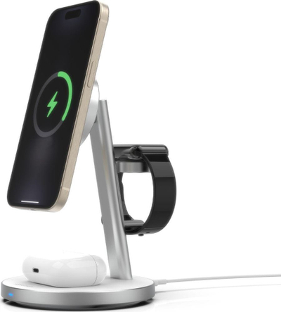 Karikues wireless 3n1 Mobile Origin Qi2 PowerStand, GaN 35W, i bardhë me argjend