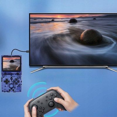 Konzolë portative Anbernic RG35XXSP, ekran i palosshëm, lidhje me TV, blu transparente