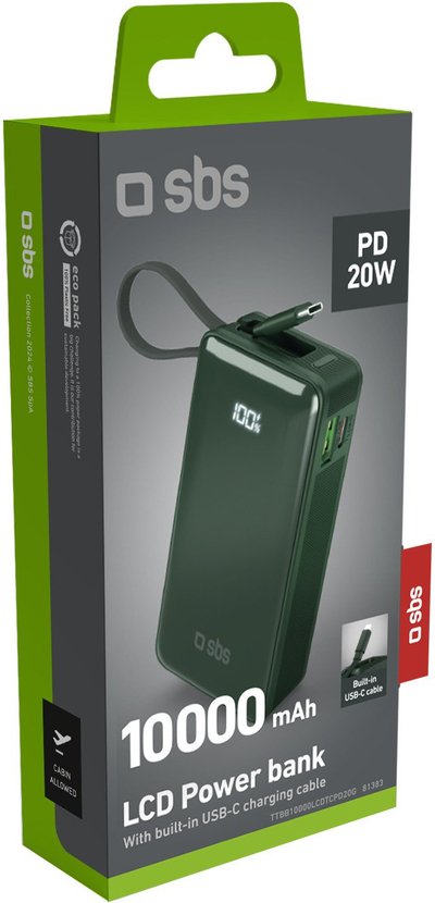 Надворешна батерија SBS TTBB10000LCDTCPD20G, 10000mAh, 20W, зелена