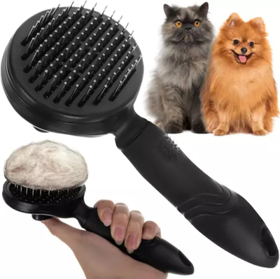 Furçë vetëpastruese për kafshë shtëpiake, dhëmbëza metalike, dorezë ergonomike, ngjyrë e përzier