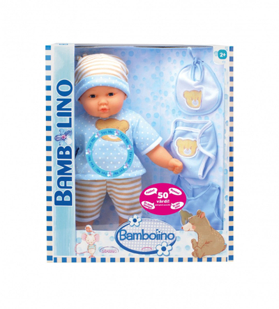 Kukull interaktive Bambolino Rose Baby Boy, 50 fjalë, me gëzhojna, blu