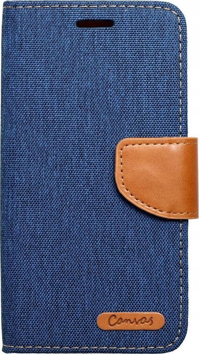 Këllëf libër Futera Jeans Canvas për iPhone 16, me xhepa për karta, funksion stand, blu