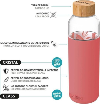 Shishe uji Quokka Flow Pink Botanical Glass, 660ml, qelq borosilikat, rozë salmon
