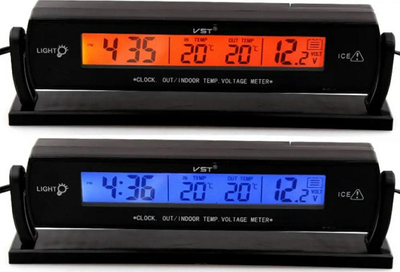 Termometër veture VST AG97B, orë dhe voltmetër, ekran LCD, i zi