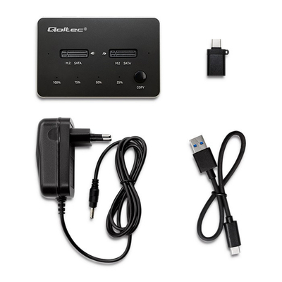Doking stacion Qoltec 50310, për 2 SSD M.2 SATA, USB Type C, i zi