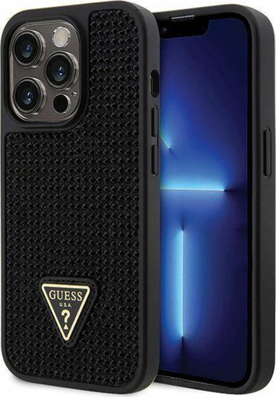 Këllëf telefoni Guess me gurë vezullues, me logo trekëndore, për iPhone 14 Pro, plastike e butë, i zi