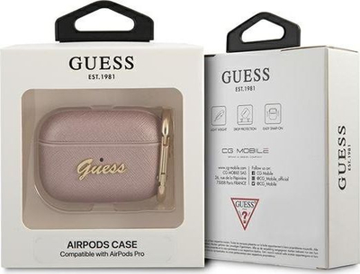 Mbulesë mbrojtëse Guess GUAPSASMP Saffiano Script për AirPods Pro, metal, rozë