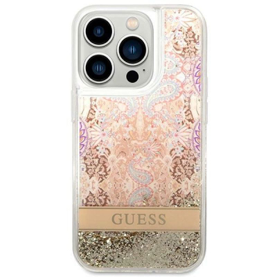 Kapak telefoni Guess për iPhone 14 Pro 6.1", me shkëlqim, ngjyrë e artë