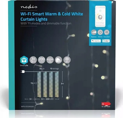 Zinxhir dritash perde Smart LED Nedis WIFILXC02W200, 3m, 200 LED, i bardhë i ngrohtë edhe i ftohtë