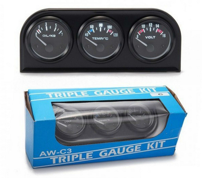 Set treguesash KET 3 në 1, 52mm, voltmetër, temperaturë uji, presion vaji, pamje VDO, i zi