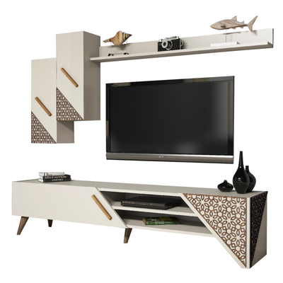 Set mobilerie muri Farfan, për TV deri 70", krem, me rafte dhe dollapë