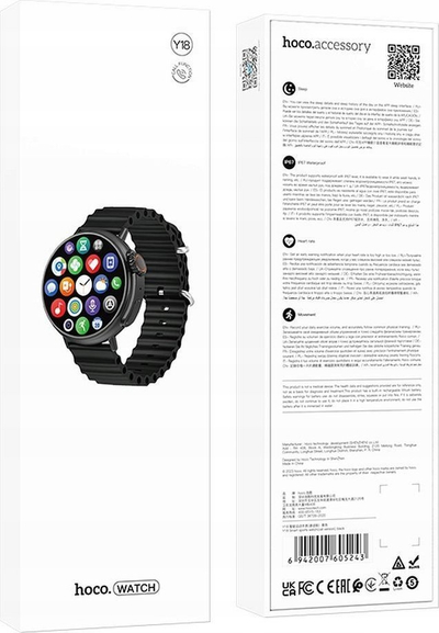 Orë e zgjuar Hoco Y18, ekran 1.52", bën thirrje me Bluetooth, e zezë