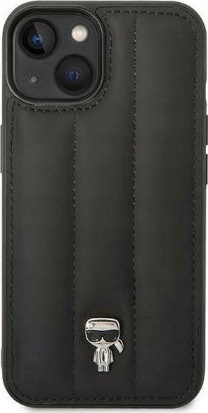 Mbrojtëse telefoni Karl Lagerfeld Quilted Puffy Ikonik, për iPhone 14, me logo metalike, e zezë