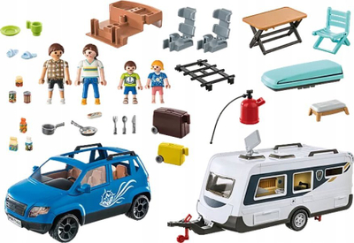 Set lodrash Playmobil FamilyFun 71423, makinë me karvan, 128 copë, blu