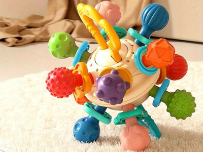 Lodër për dhëmbëzime Huanger Baby Rattle, top i rrumbullakët, me lloj-lloj teksturash, shumëngjyrësh