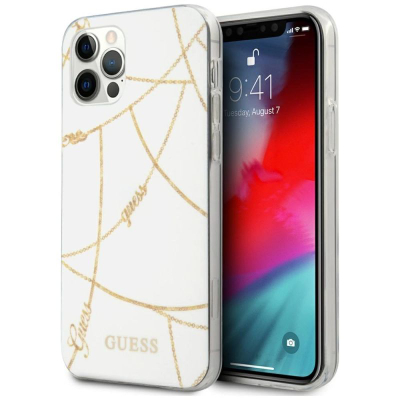 Këllëf telefoni Guess Saffiano V Stitch për iPhone 12 12 Pro, hard case, i bardhë me ar