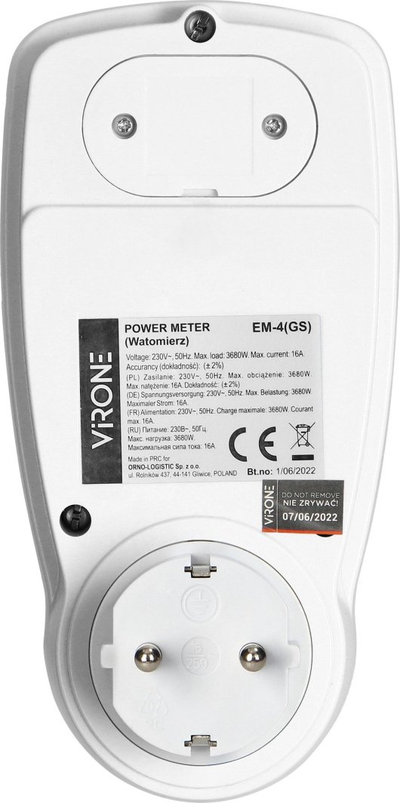 Matës energjie VIRONE EM-4(GS), ekran LCD, 3680W, prizë Schuko, i bardhë