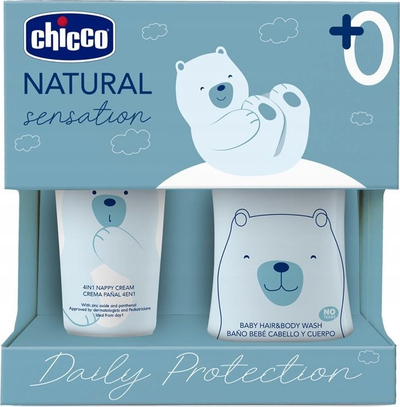 Set për kujdesin e bebit Chicco Natural Sensation, shampo xhel 200ml, krem për zonën e pelenës 4 në 1 100ml, blu