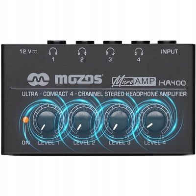 Amplifikator për kufje Mozos HA400, 4 kanale stereo, kontroll i pavarur volumesh, i zi