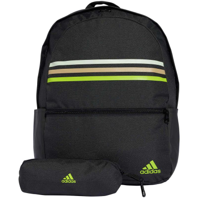 Çantë shpine Adidas Classic Horizontal 3 Stripes, me pencil case, 100% poliester i ricikluar, e zezë