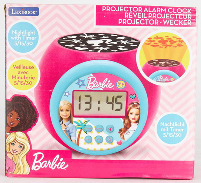 Orë alarmi Barbie me projektor, ekran LCD, dritë nate, rozë