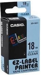 Shirit etiketimi Casio XR-18X1, 18mm, jo i laminum, printim i zi me sfond transparent