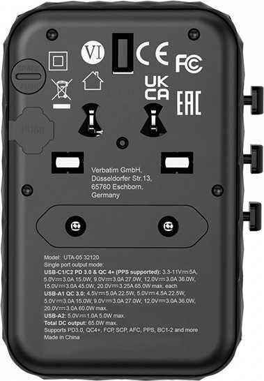 Adapter udhëtimi Verbatim GaN III, universal, 65W, 2x USB C 2x USB A, i zi