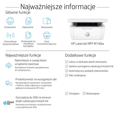 Printer multifunksional HP LaserJet M140w, A4, Wi-Fi, i bardhë