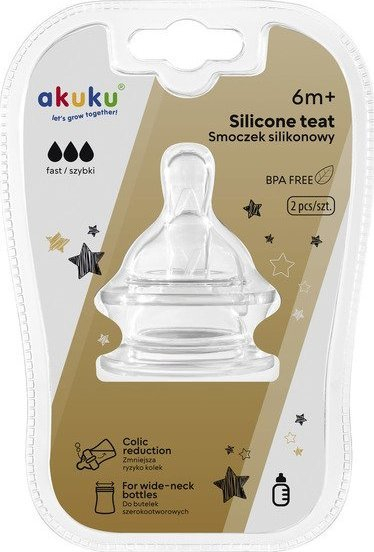Biberonë zëvendësues Akuku Anti-Colic, qafë e gjerë, 6m+, set me 2 copë, transparent