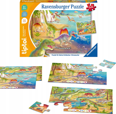 Puzzle edukativ Ravensburger Tiptoi Dinosaurs, 2x12 copa, për kalamaj 3+