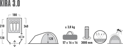 Çadër kampingu High Peak Kira 3, për 3 veta, 3000 mm, gri