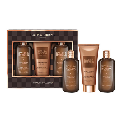 Set për meshkuj Baylis & Harding Black Pepper & Ginseng, xhel dushi 300 ml + shampo për flokë 300 ml + balsam pas rrojës 200 ml