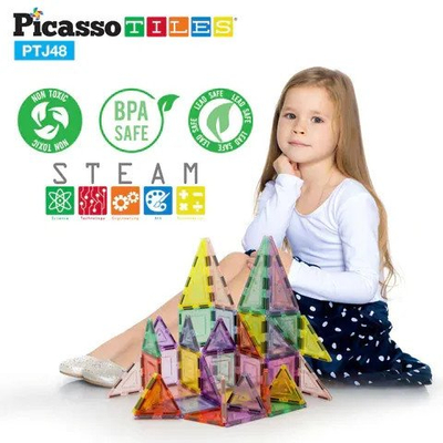 Сет за магнетно градење PicassoTiles, 48 парчиња, повеќебојни пастелни плочки