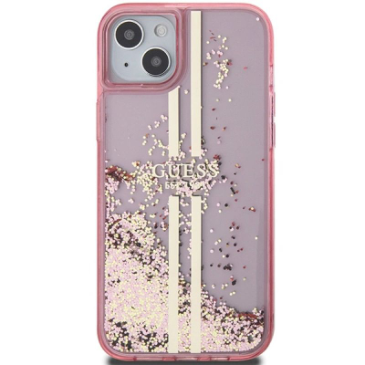 Mbrojtëse telefoni Guess Liquid Glitter Gold Stripes për iPhone 15 Plus 14 Plus 6.7", plastike, rozë
