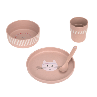 Set enësh për fëmijë LÄSSIG Tiny Team Cat, 4 pjesë, biokompozit, rozë