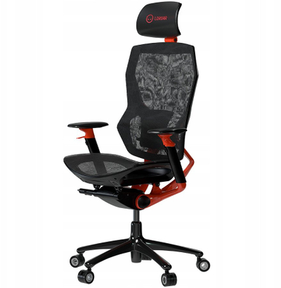 Karrige gaming Logar, tekstil, mban deri 150 kg, e zezë me të kuqe