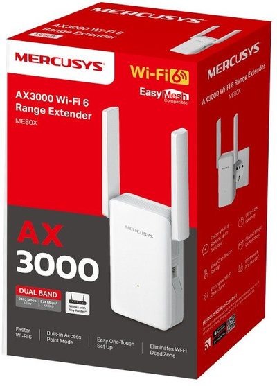 Zgjerues Wi‑Fi Mercusys ME80X, AX3000, Wi‑Fi 6, i bardhë