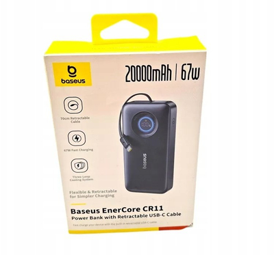 Powerbank Baseus EnerCore CR11, 20000mAh, 67W USB C me kabllo tërheqëse, i zi