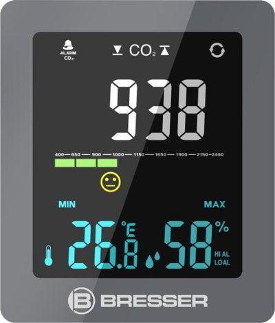 Monitor cilësie ajri Bresser Optics 7004020GYE000, CO2 temperaturë lagështi, gri
