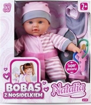 Kukull gocë e vogël Natalia me gëra dhe mbajtëse, 28 cm, shumëngjyrëshe