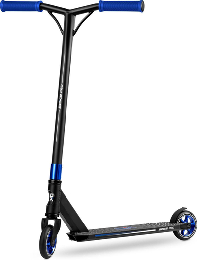 Trotinet stunt Soke Pro me timon Y-bar, kushineta ABEC-9, rrota alumini, i zi me blu