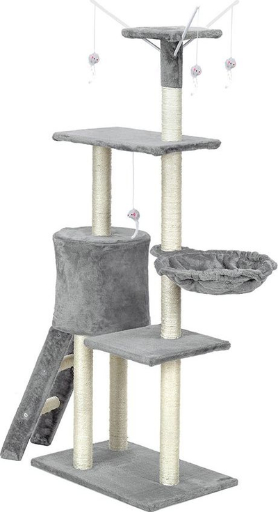 Pemë loje për mace Funfit Cat Scratch Post XL 1808, me lodra të varura, me litar sisali, gri