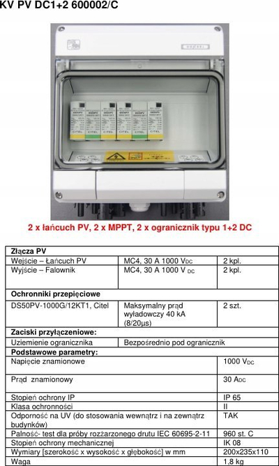 Kuti mbrojtëse fotovoltaike Hensel KV PV DC1+2 600002C, 2x string PV, 2x MPPT, IP65, gri