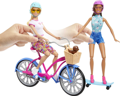 Set lodrash Barbie HJY84, 2 kukulla me biçikletë dhe skateboard, me këlysh qeni, shumëngjyrësh