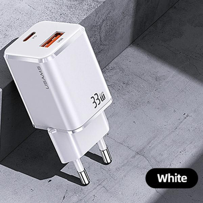 Karikues mur Usams T43 US-CC144, 33W, 1x USB A 1x USB C, i bardhë