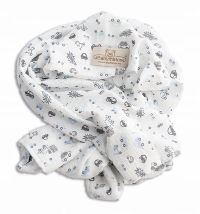 Пелена муслин BabyMatex Muslin Design, 80 x 120 cm, 100% памук, бела со автомобили