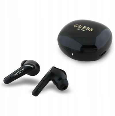 Kufje wireless Guess Glossy Classic Logo TWS, me Bluetooth, me kuti karikimi, të zeza